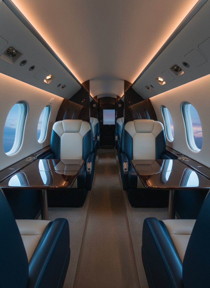The cream-leather cabin of a private jet with wood veneer and warm lighting.